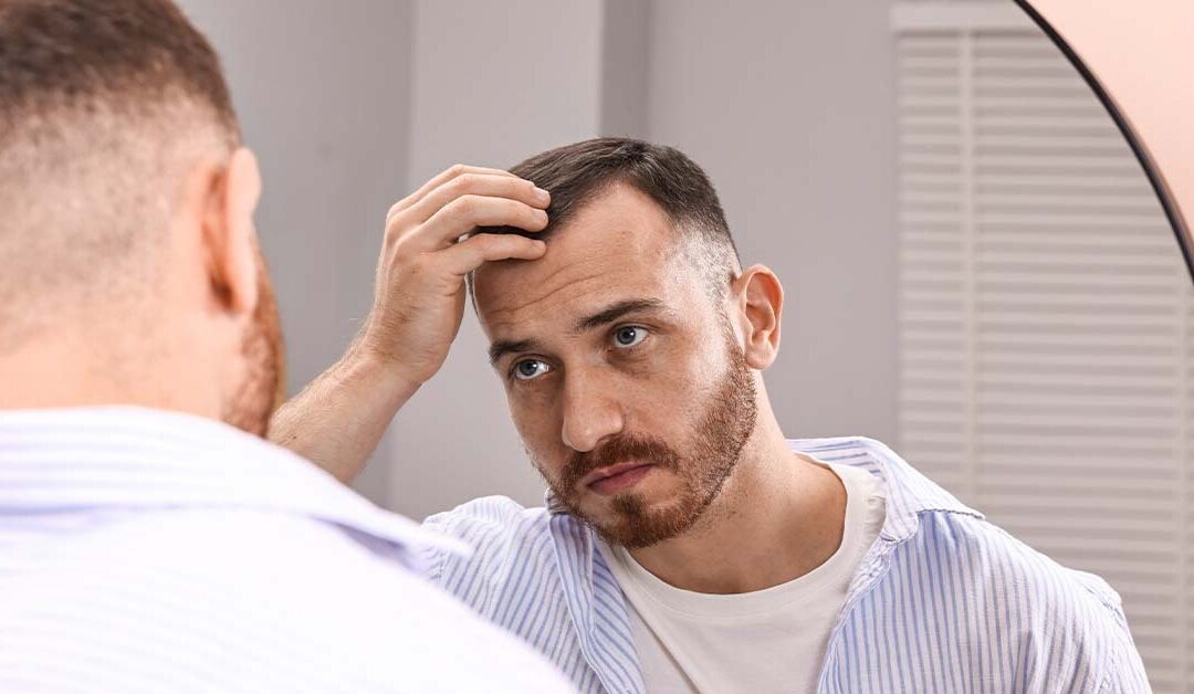 Man checking hairline in the mirror