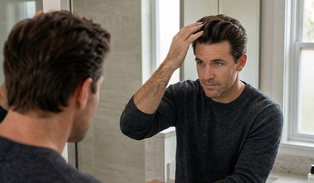 Man checking hair in mirror.
