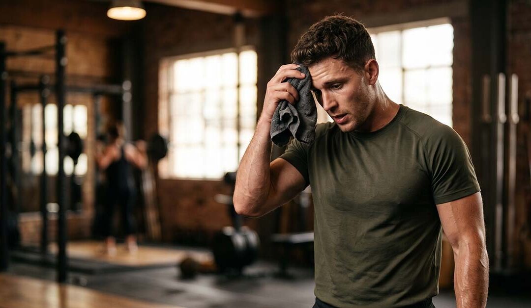 Man in green shirt sweating at the gym.