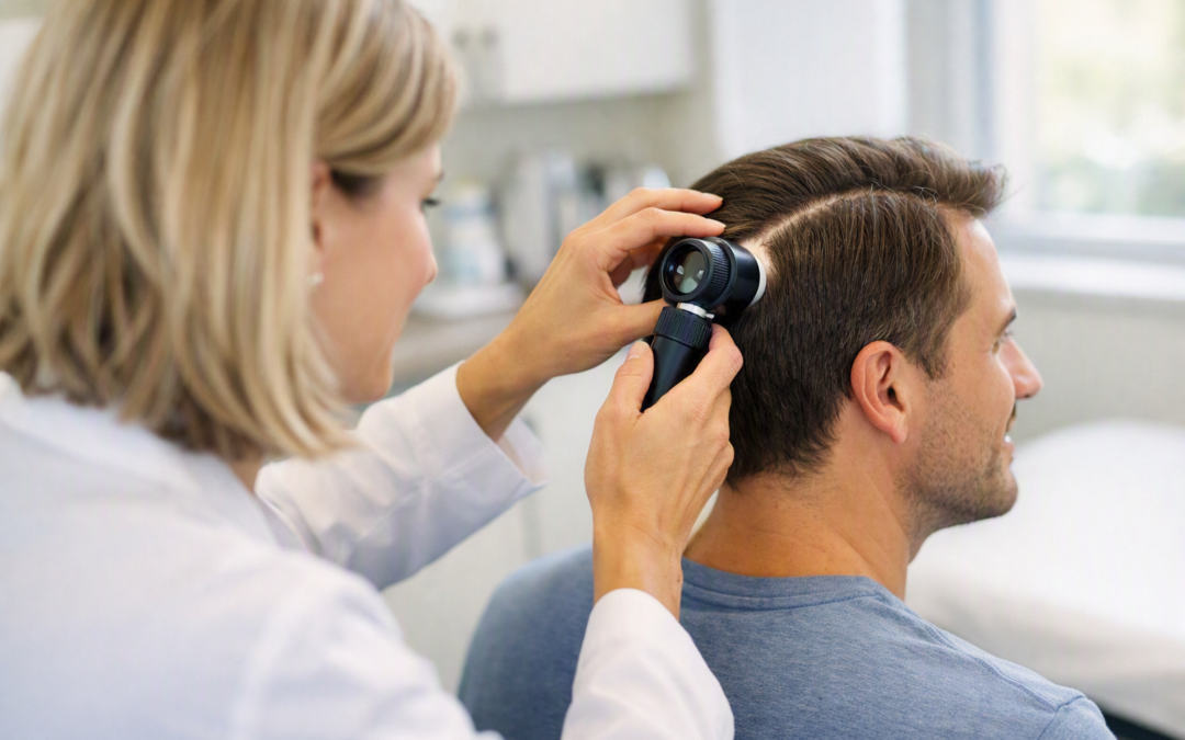 Doctor performing scalp and hair analysis