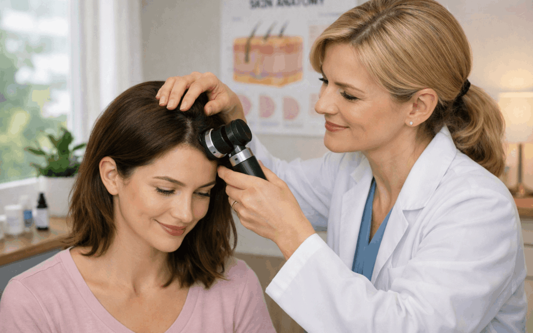 Dermatologist checking hairline and scalp.
